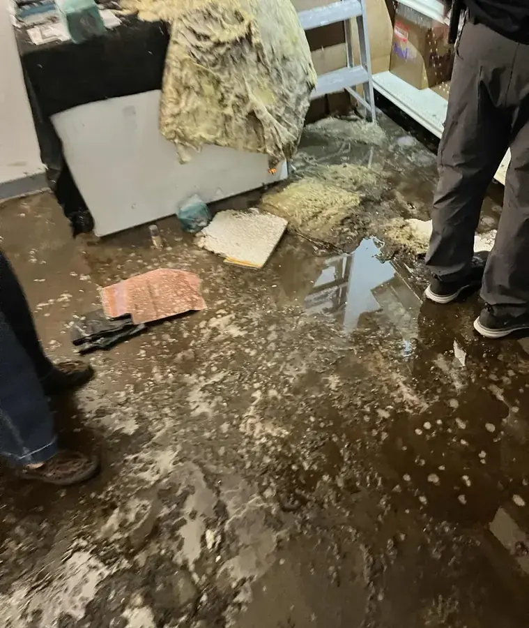 Category 3 black water backup cleanup in protective gear in an Inglewood, CA home